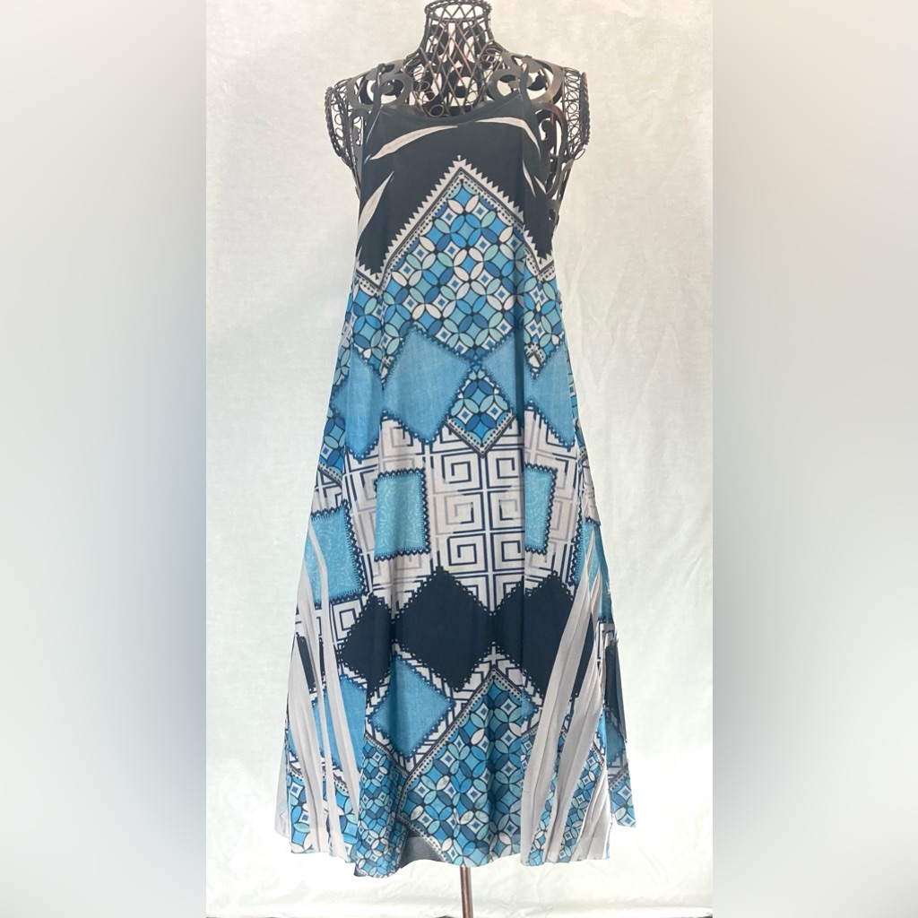Elegant Blue And Black Geometric Midi Dress